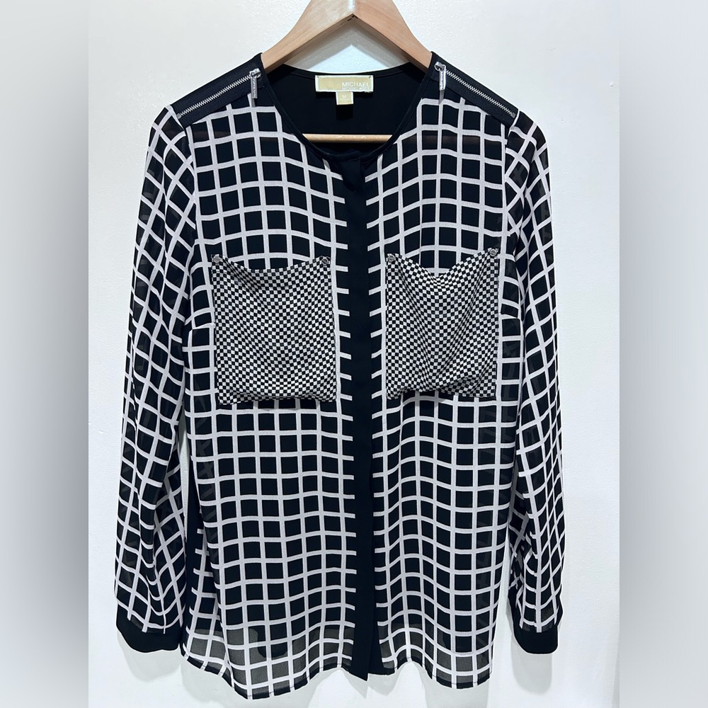 Michael Michael Kors Black & White Checkered Long Sleeve Top‎ Blouse Size M